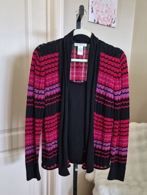 Claudia D. Vintage Black Open-Front Cardigan Striped Twofer Top Size M